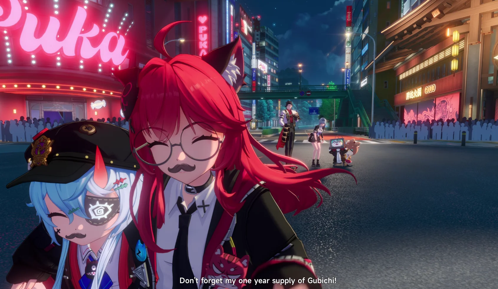 an image of two anime girls in a city street huddled side-by-side wearing fake mustaches with characters in the background looking onward