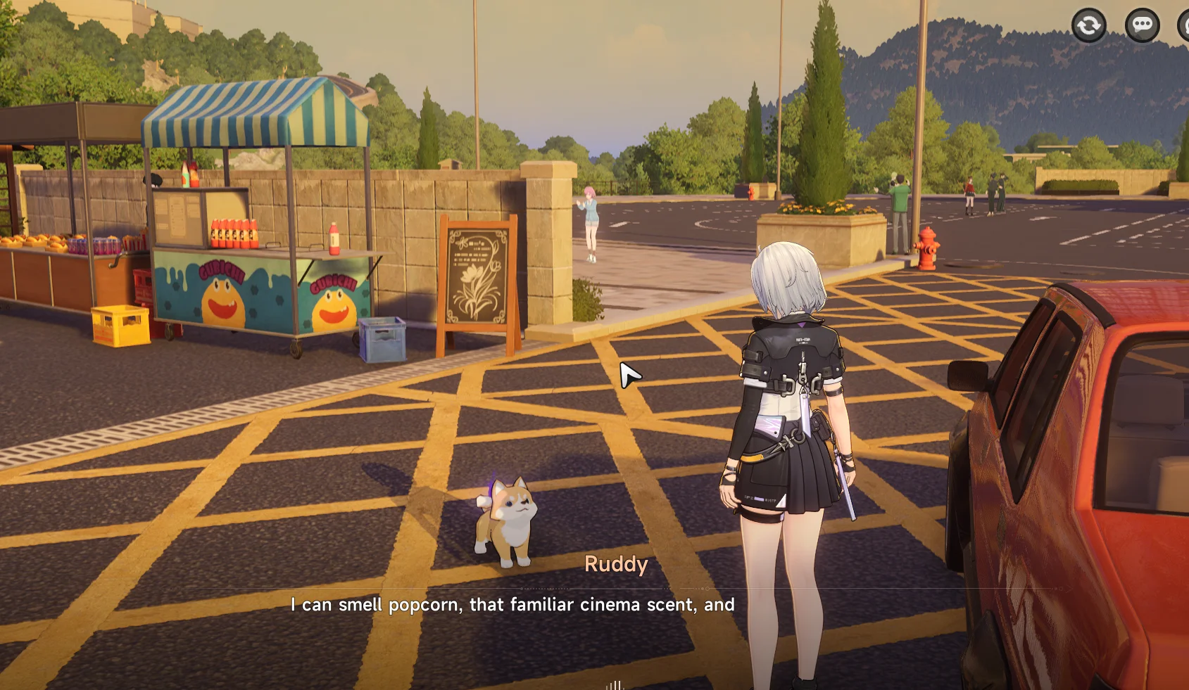an image of the female lead standing beside a vehicle looking down at a small dog who is in-conversation with the lead character