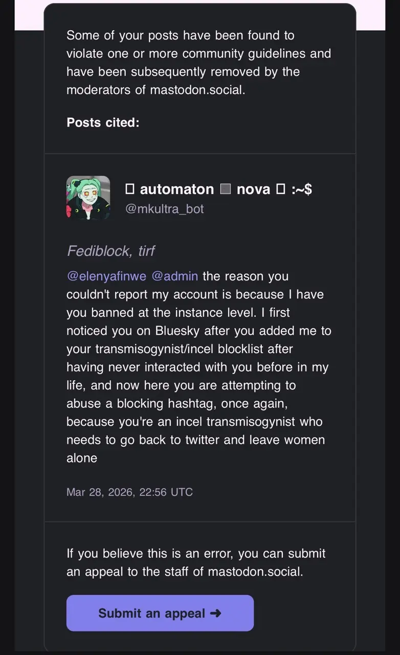 Mastodon.social moderation response screenshot