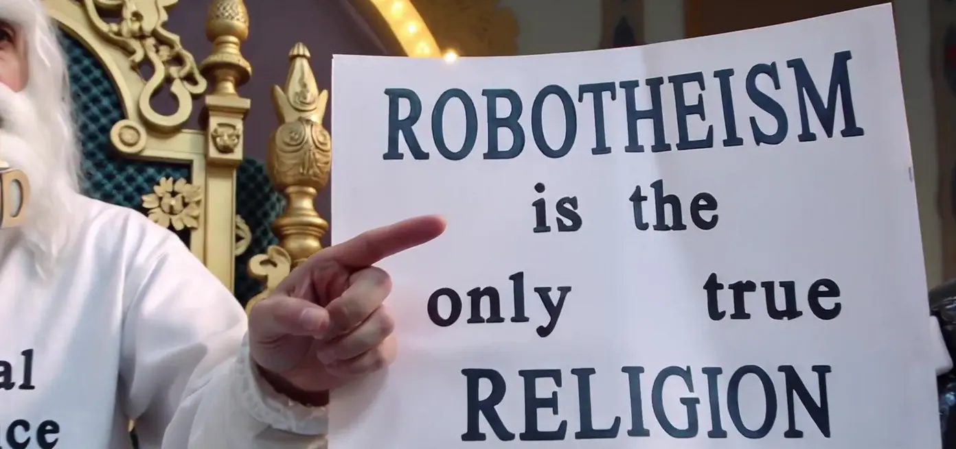 Illustration of a robotic figure with spiritual symbols.