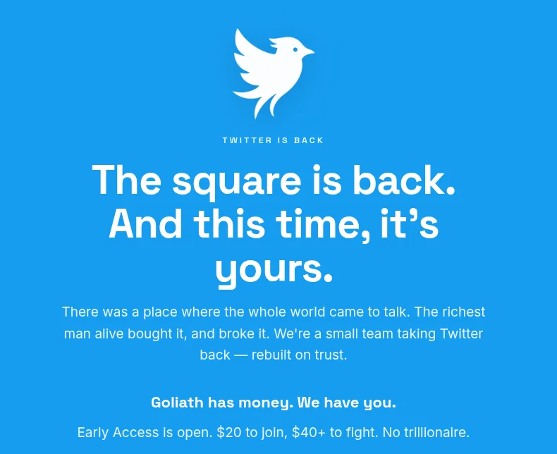 Screenshot of the Twitter.now homepage displaying its logo and a $20 sign‑up prompt.