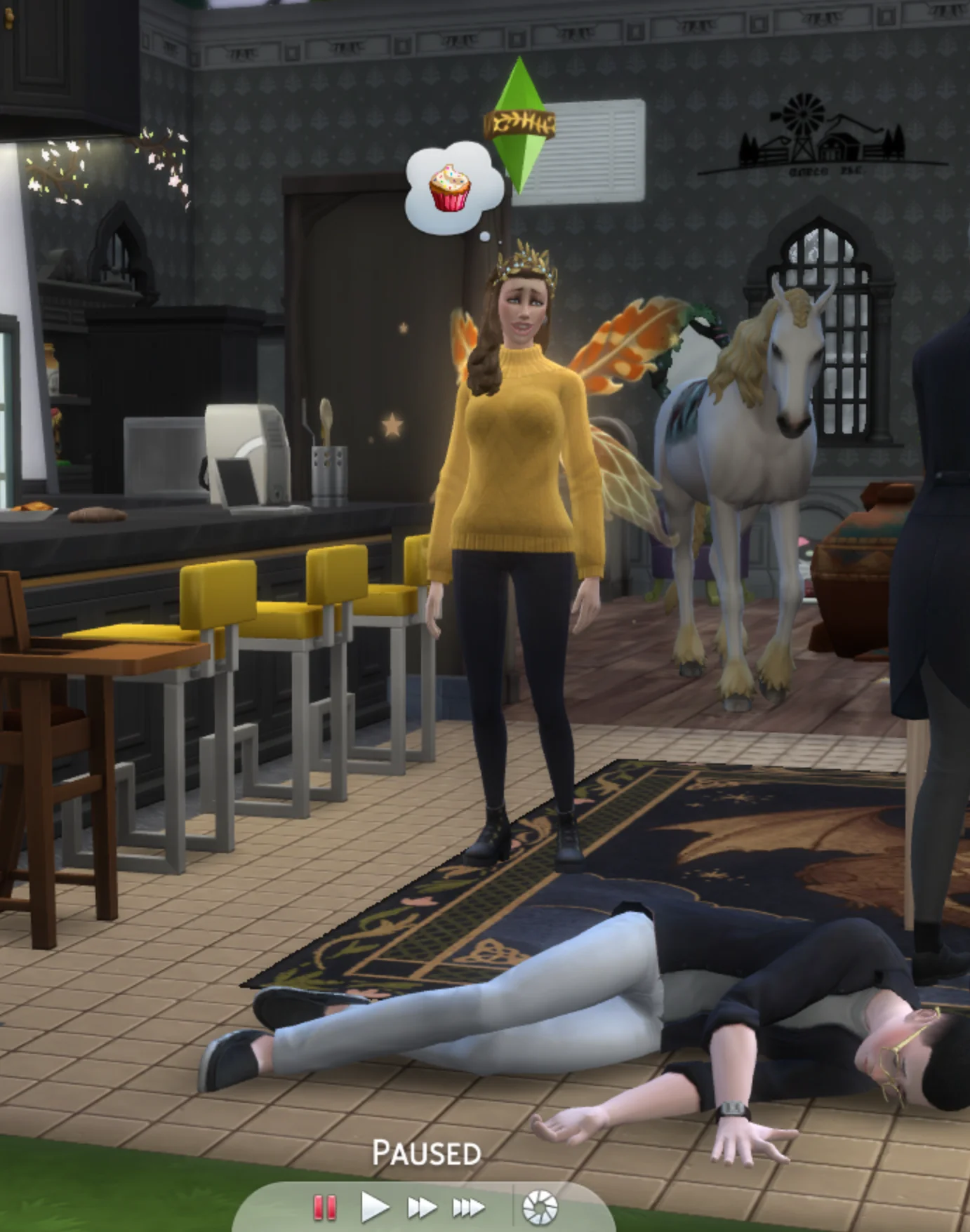 A screenshot of the Sims 4 of a woman with long brown hair wearing a yellow sweater and black pants looking satisfied standing in front of a dead man on the floor, while a white horse with golden blond hair trots through the house behind her