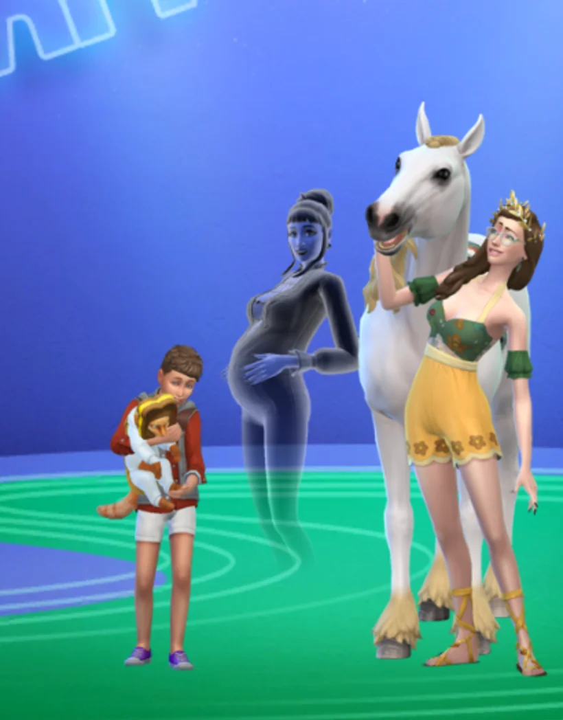 screenshot from the Sims 4 main screen of my sim's family, with a ghost woman in the center holding her pregnant belly