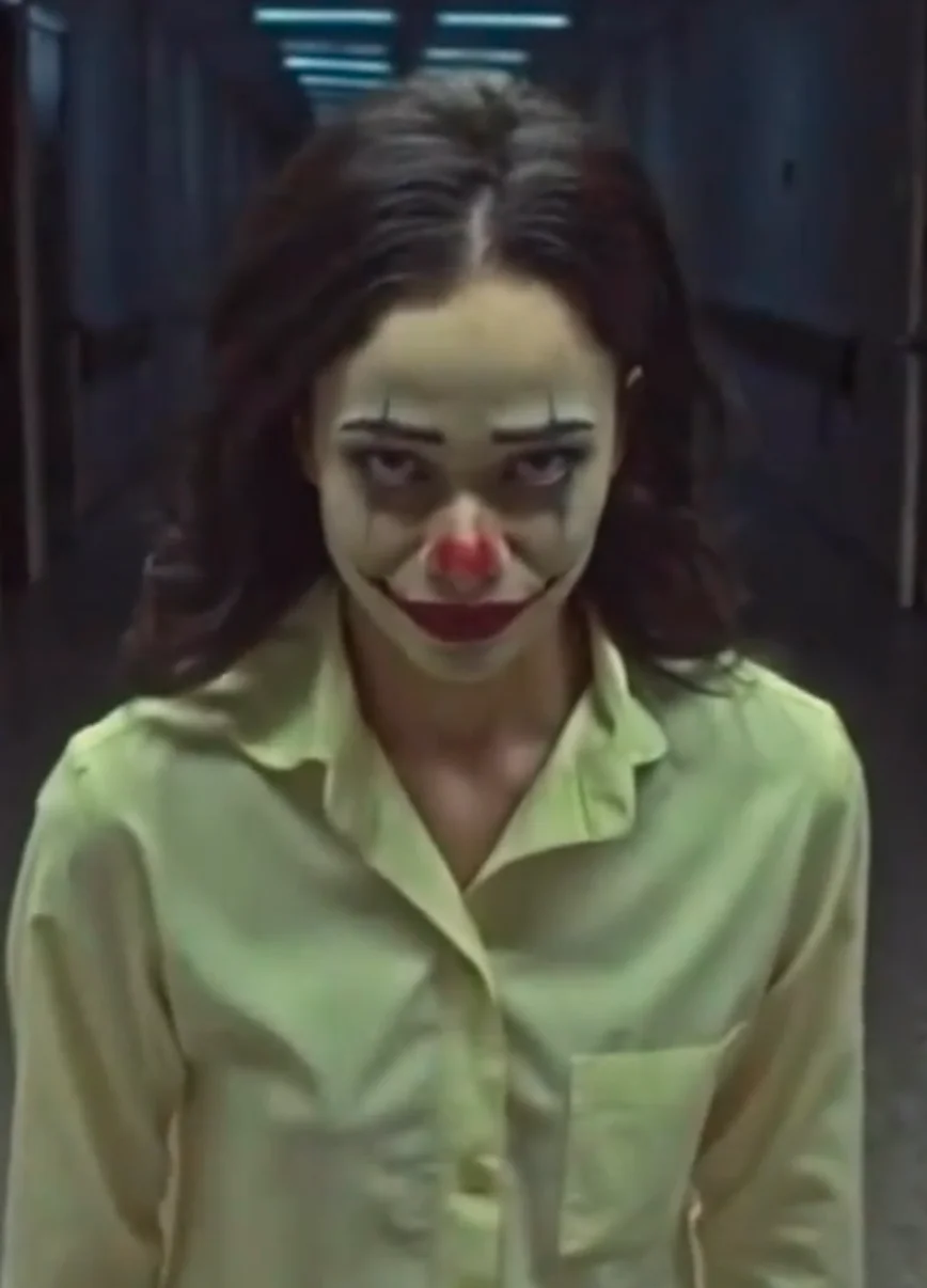 An AI generated woman with long dark hair, a white button-up, with white clown faceprint, red lips and a red nose, standing with her eyes narrowed at the viewer in a twisting hallway
