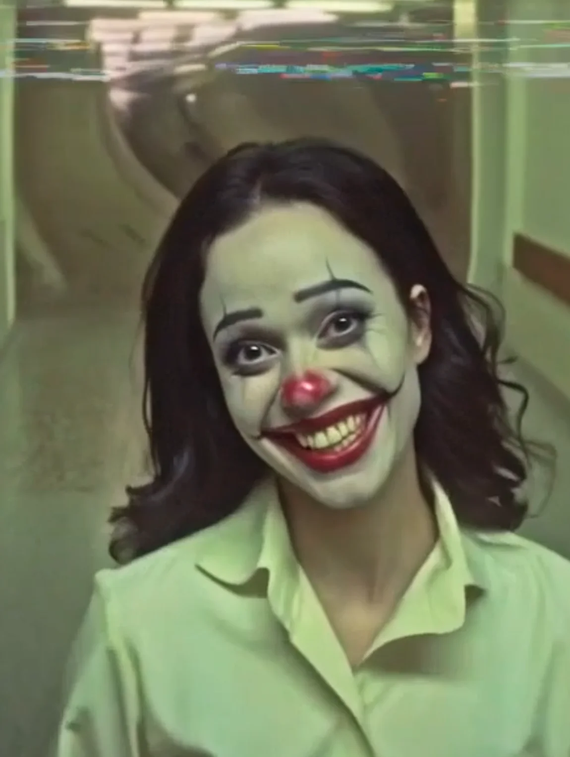 The same clown woman standing with her head to the side, smiling large, with the actual normal Backrooms as a backdrop, but morphing as if they're changing/warping