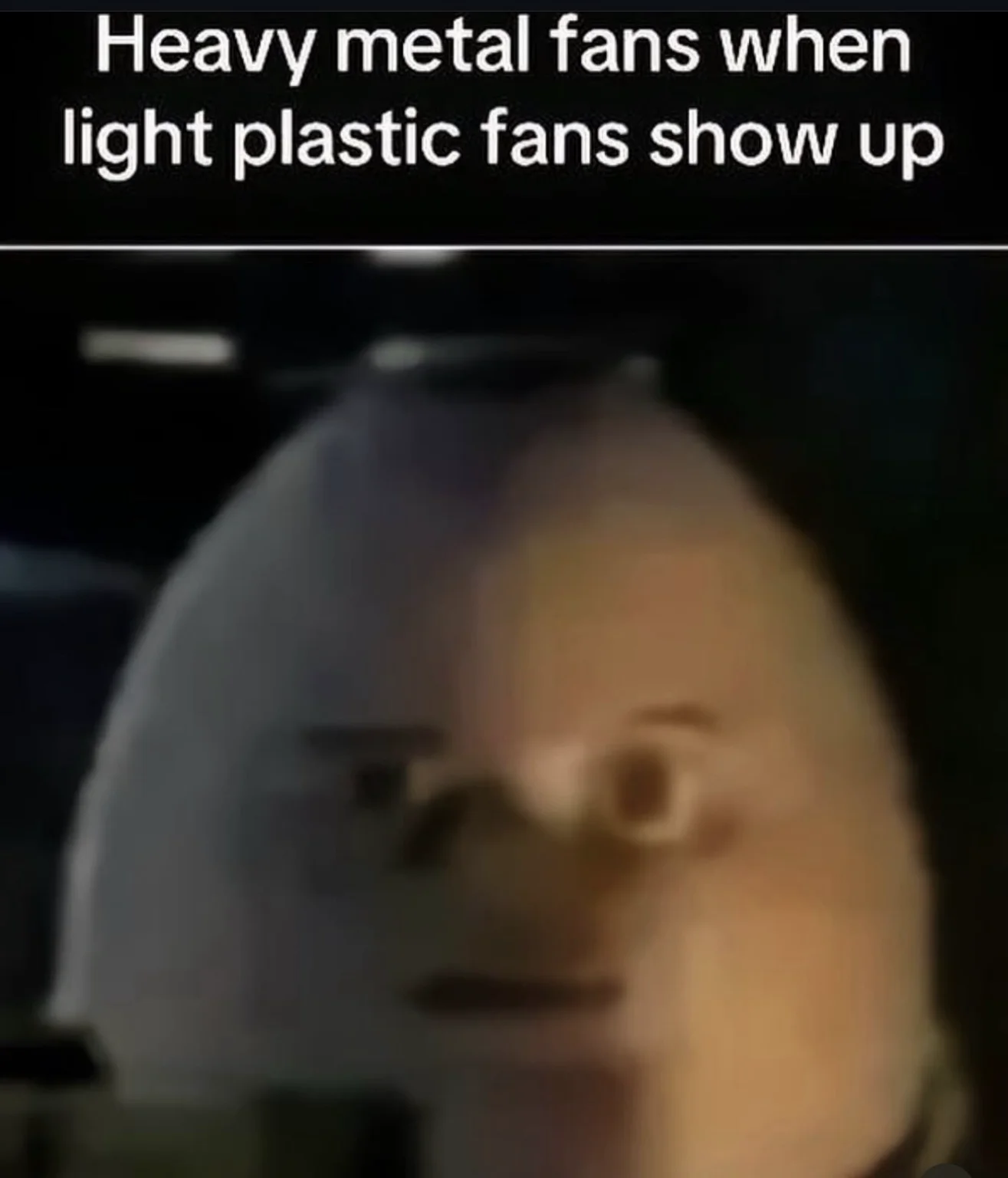 An image of a skeptical egg that reads “Heavy metal fans when light plastic fans show up”