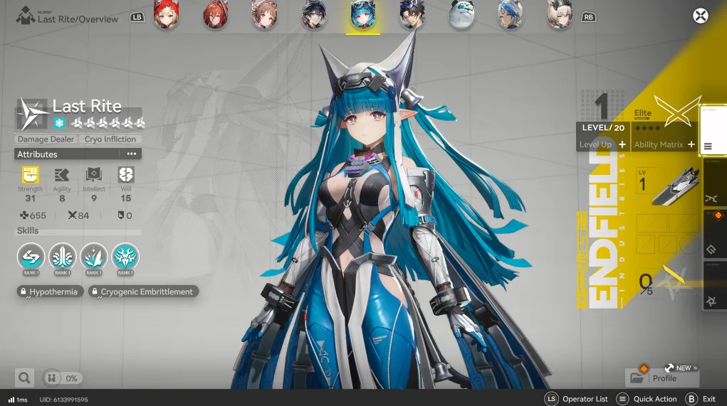 Screenshot from Arknights Endfield of the character Last Rite, who wears mech-like armor that's white and green with long green hair, on the character screen showing different abilities and powers.