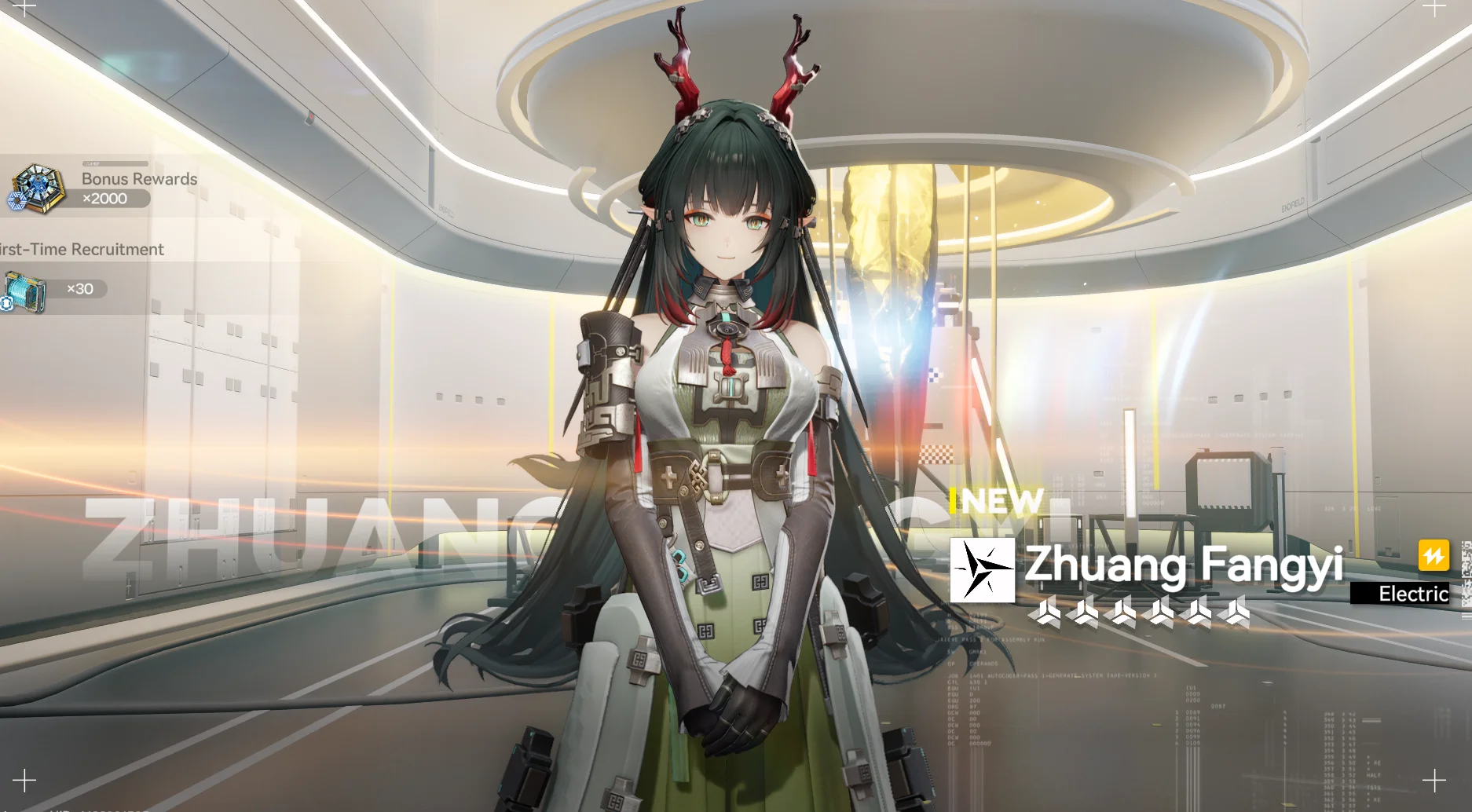 A screenshot from Arknights: Endfield of the character Zhuang Fangyi on the acquisition screen, with red antlers, dark long hair and a technological robe of sorts