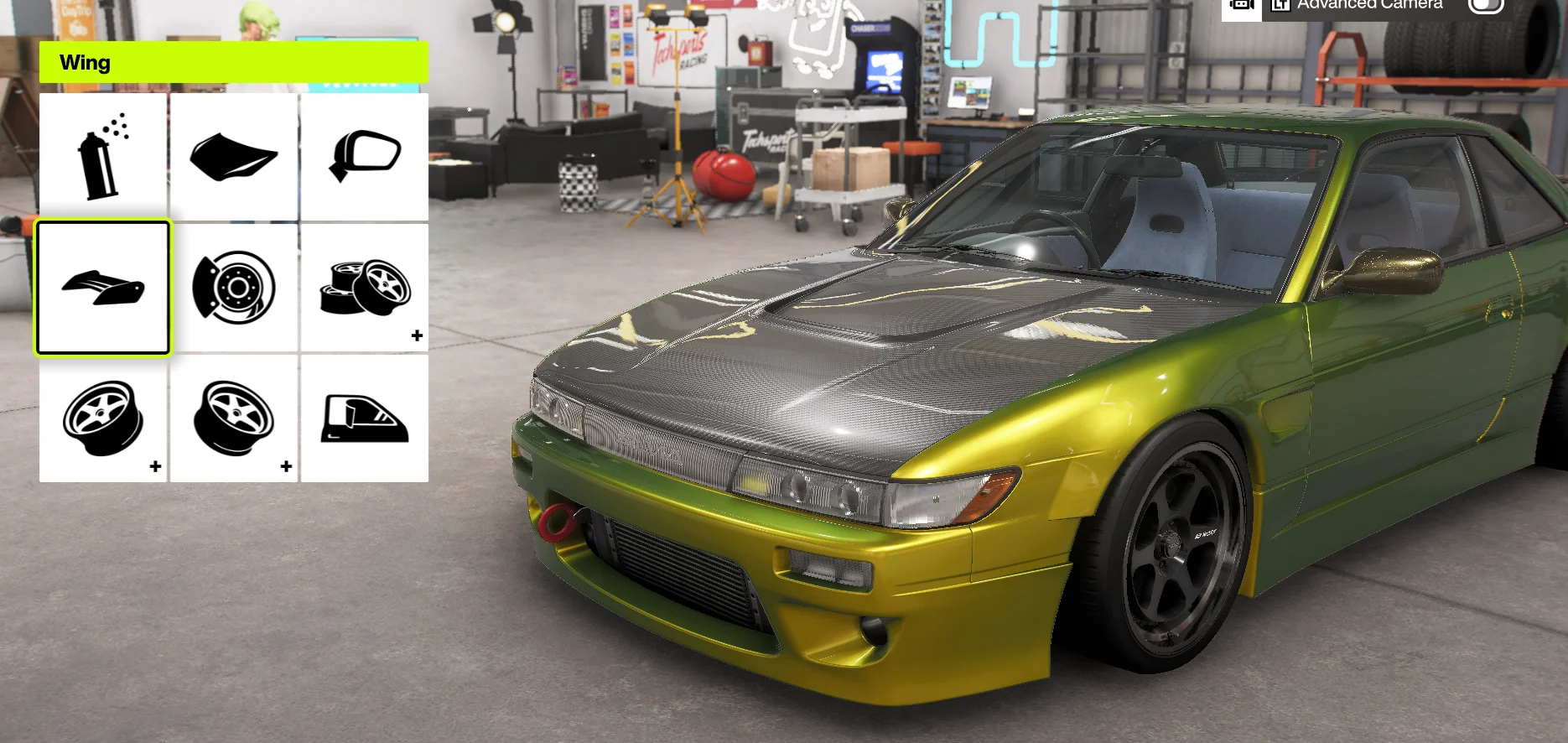 a screenshot from Forza Horizon 6 in the car editing garage where I've made my Silvia a pearlescent yellow and green with a carbon fiber hood