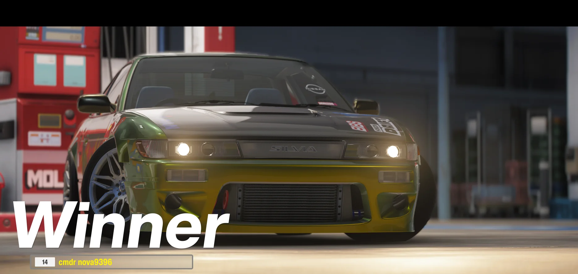 a screenshot from Forza Horizon 6 of a green and gold Silvia setting park in the glow of streetlights at night, with big text that reads, "WINNER"