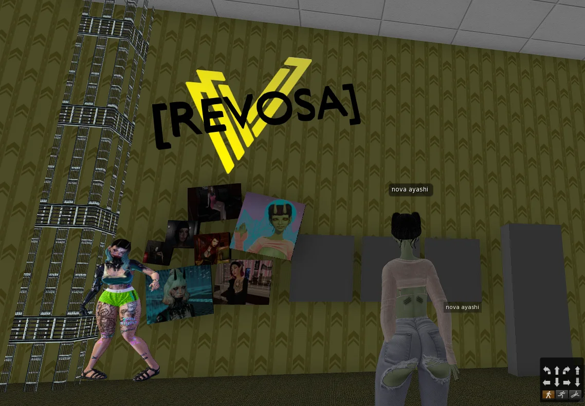 a screenshot from my region in opensim on the OSGrid, of yellow walls, placards with no images on them, my store logo with a giant yellow "V" and 'REVOSA' in black in front of it, and scattered photos of my avatar across Second Life throughout the years.