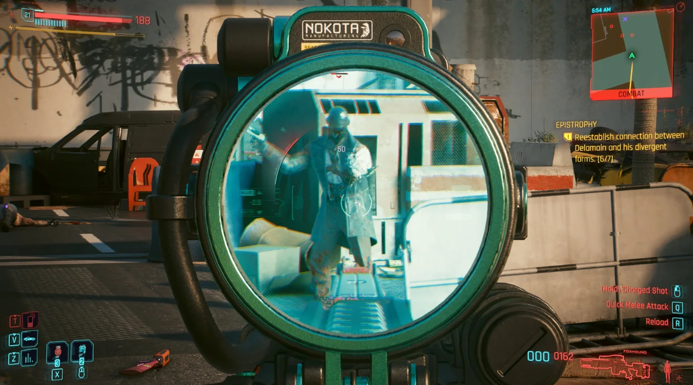 a screenshot from Cyberpunk 2077, staring down a rifle scope where the colors are flat compared to everything outside of the scope (a flat green, almost night vision color), and the enemy I'm aiming at is missing his left arm, holding a gun in his right as he continues to shoot.