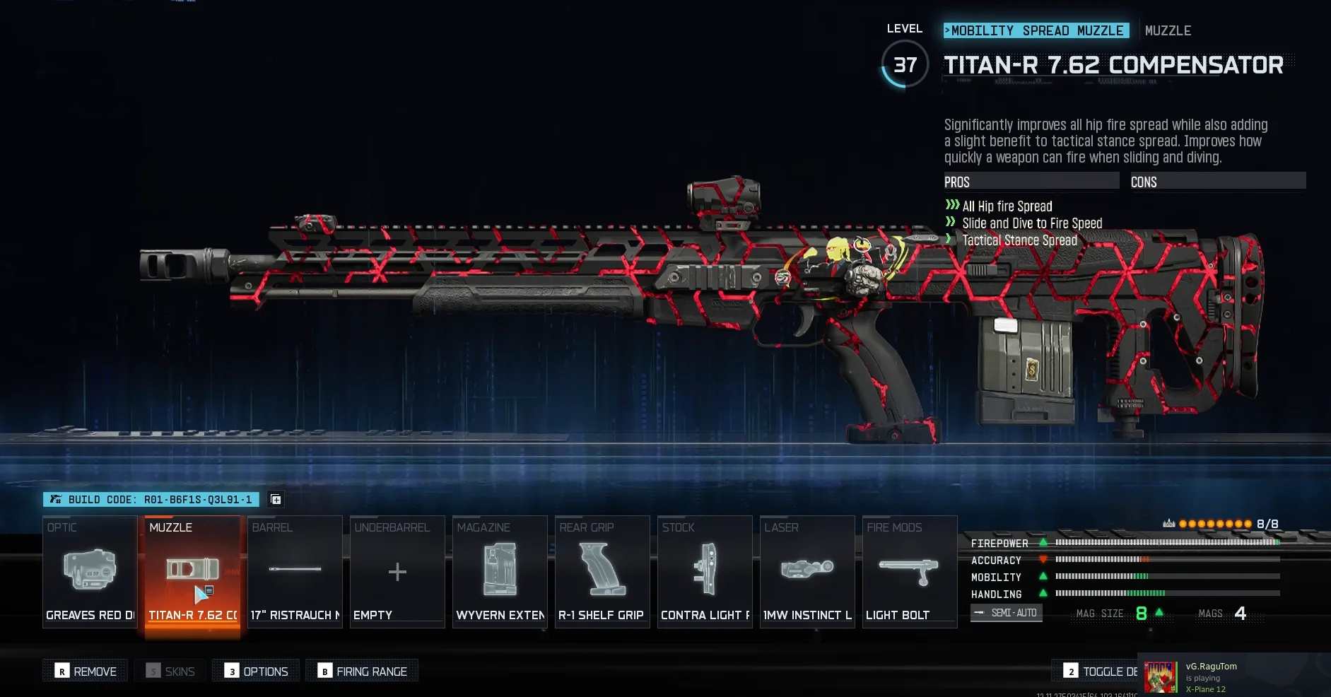 a VS Recon sniper rifle in Black Ops 7 fitted with a small muzzle, grip mods, and so forth to make it aim down sight faster, with a skin that's black with glowing red cracks