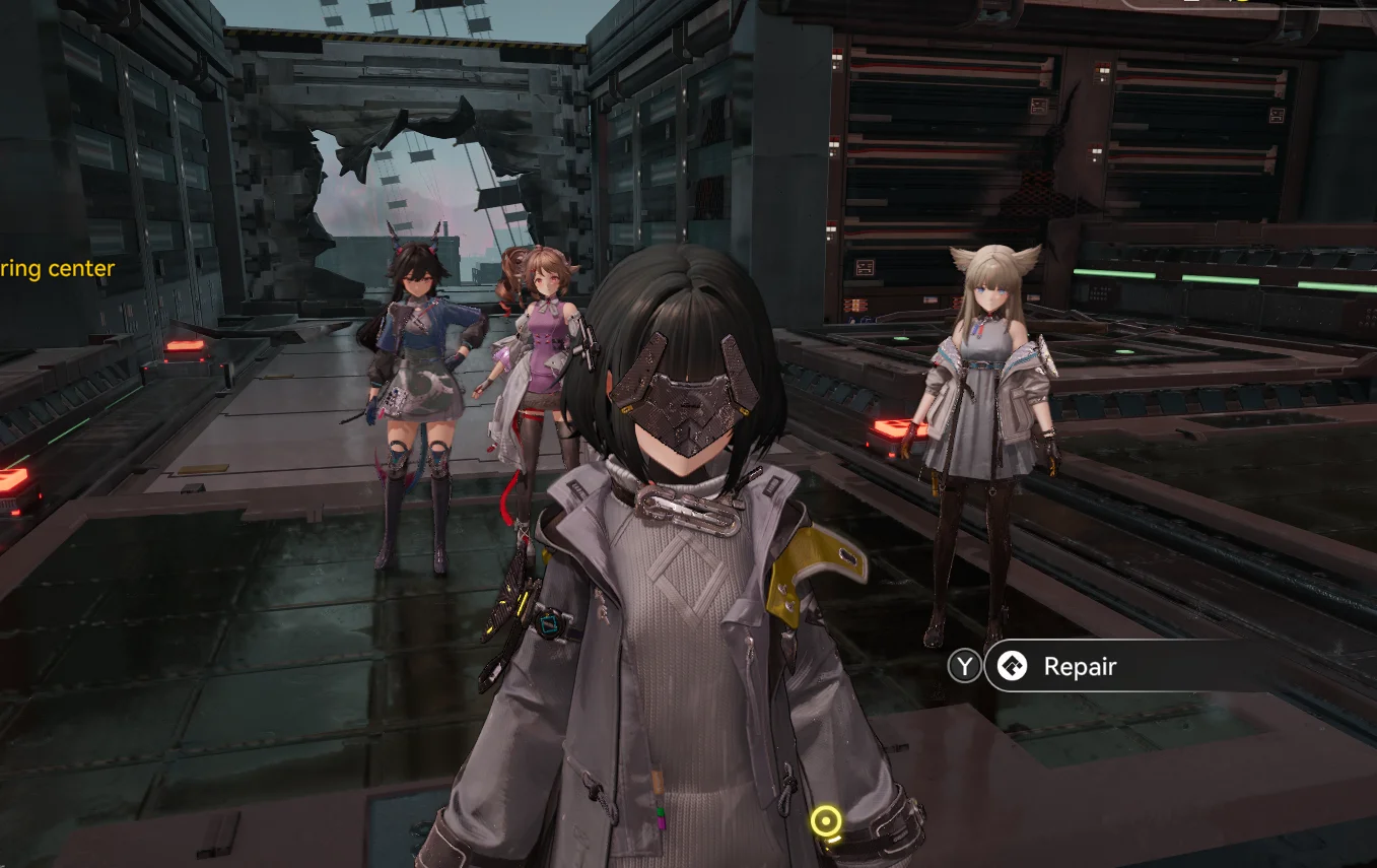 A screenshot from Arknights Endfield of 4 anime girls standing in triangle formation, with the one up front with short black hair and a metal shard covering her eyes, and the environment is more metal and rain, grey and black architecture 