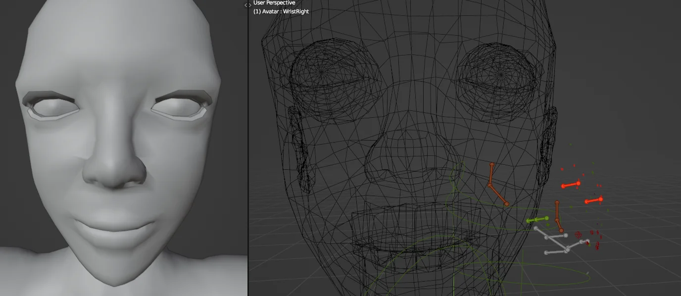 A screenshot from Blender of the Second Life default avatar mesh. On the left is a texture-less human face really close-up, and on the right is the same thing, but in complete wireframe 