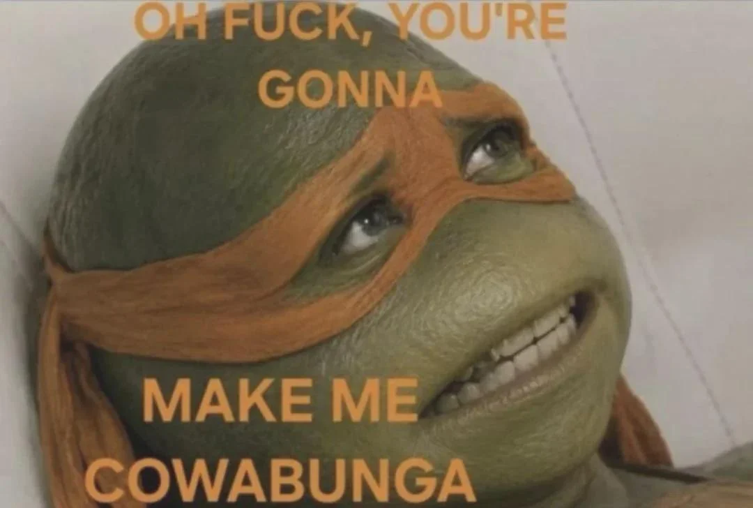 A manipulated image of Michelangelo from the Ninja Turtles placed over the face of a woman cropped from a porn that reads “OH FUCK, YOURE GONNA MAKE ME COWABUNGA”