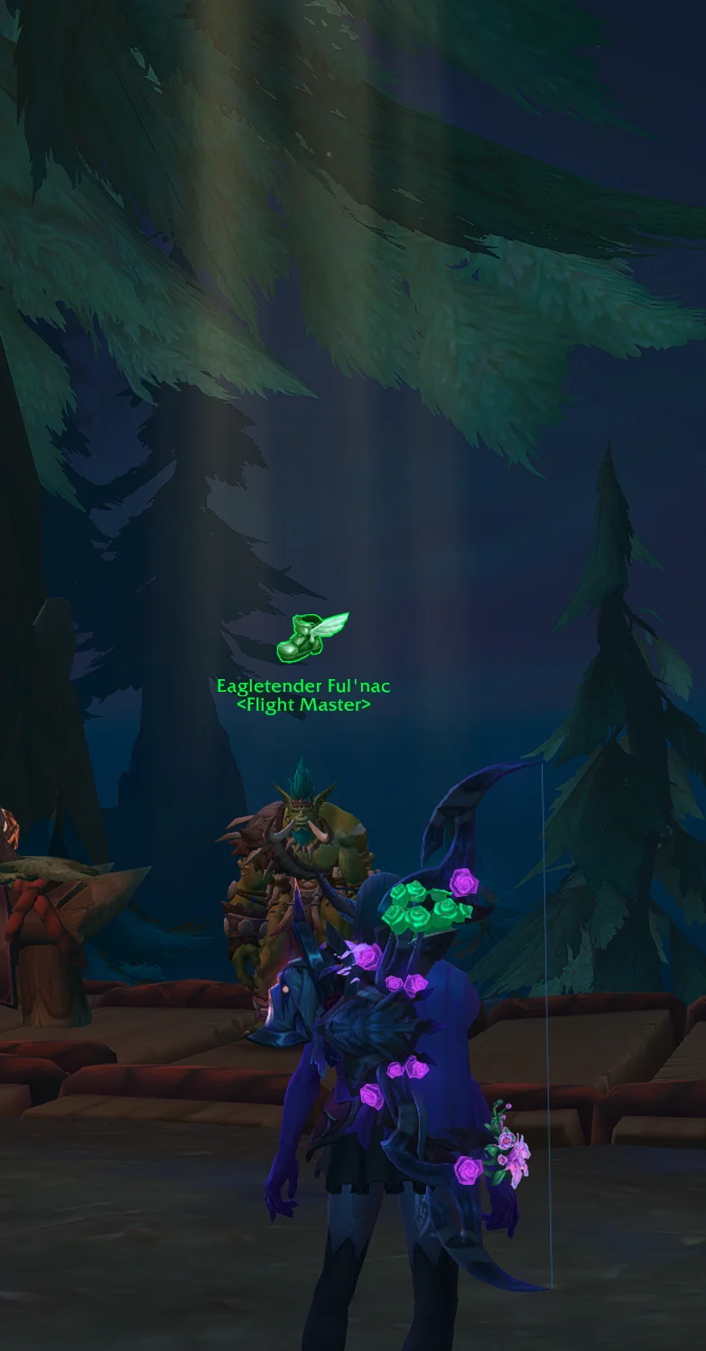 A screenshot from World of Warcraft of my character standing in front of a flight-master who is awash in glowing light from the sky