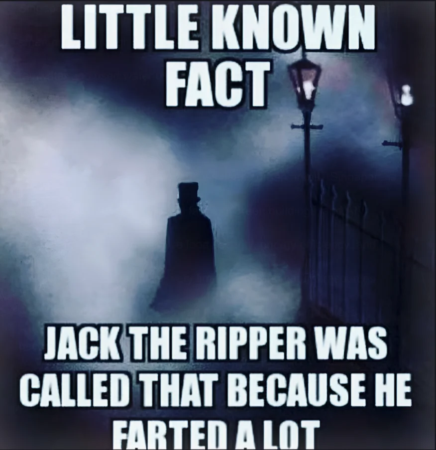 LITTLE KNOWN FACTJACK THE RIPPER WASCALLED THAT BECAUSE HE FARTED A LOT (image of a man standing in the fog at night with street lamps beside him)
