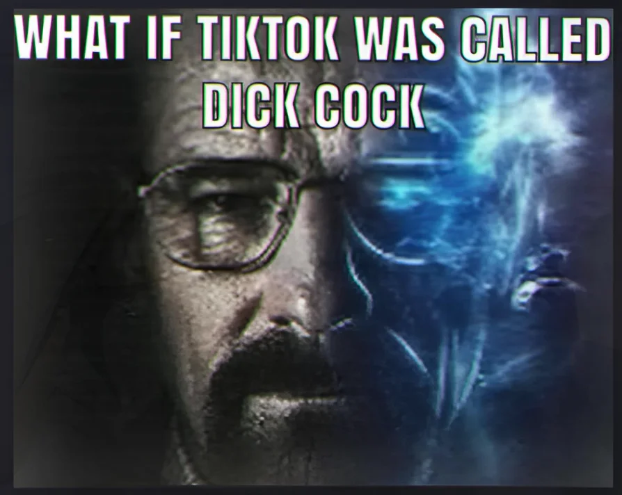 a black and white image of Walter White that reads what if TikTok was called dick cock