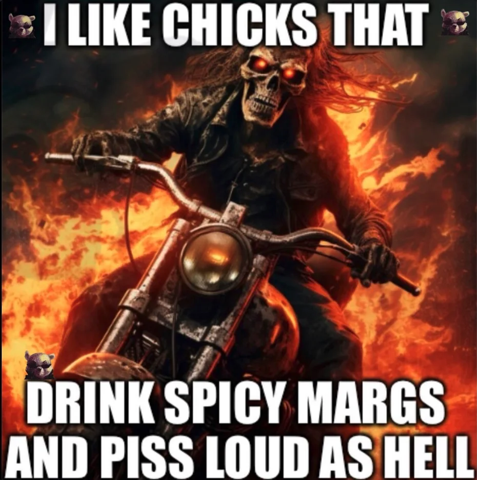 an image of a skeleton riding a motorcycle through flames that reads, "I like chicks that drink spicy margs and piss loud as hell"
