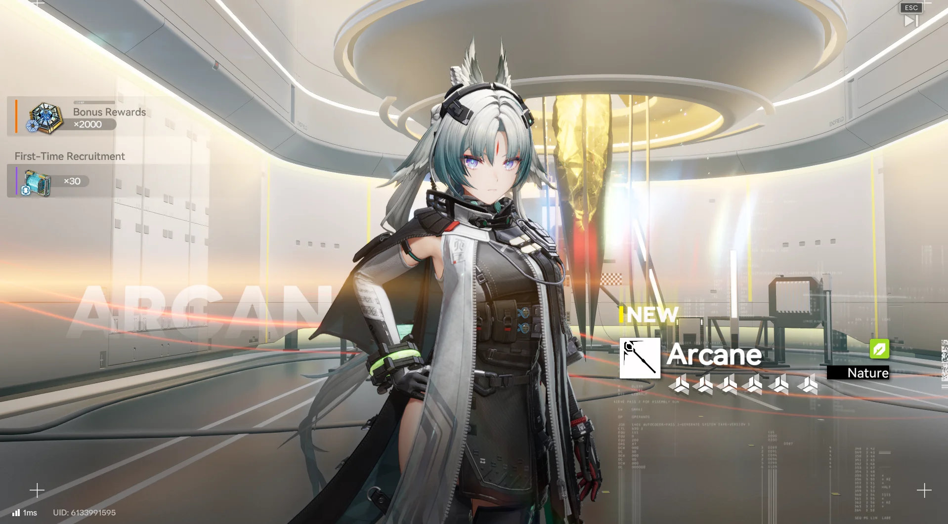 A screenshot from Arknights: Endfield of the new white haired black and white body suit wearing anime girl character named Arcane