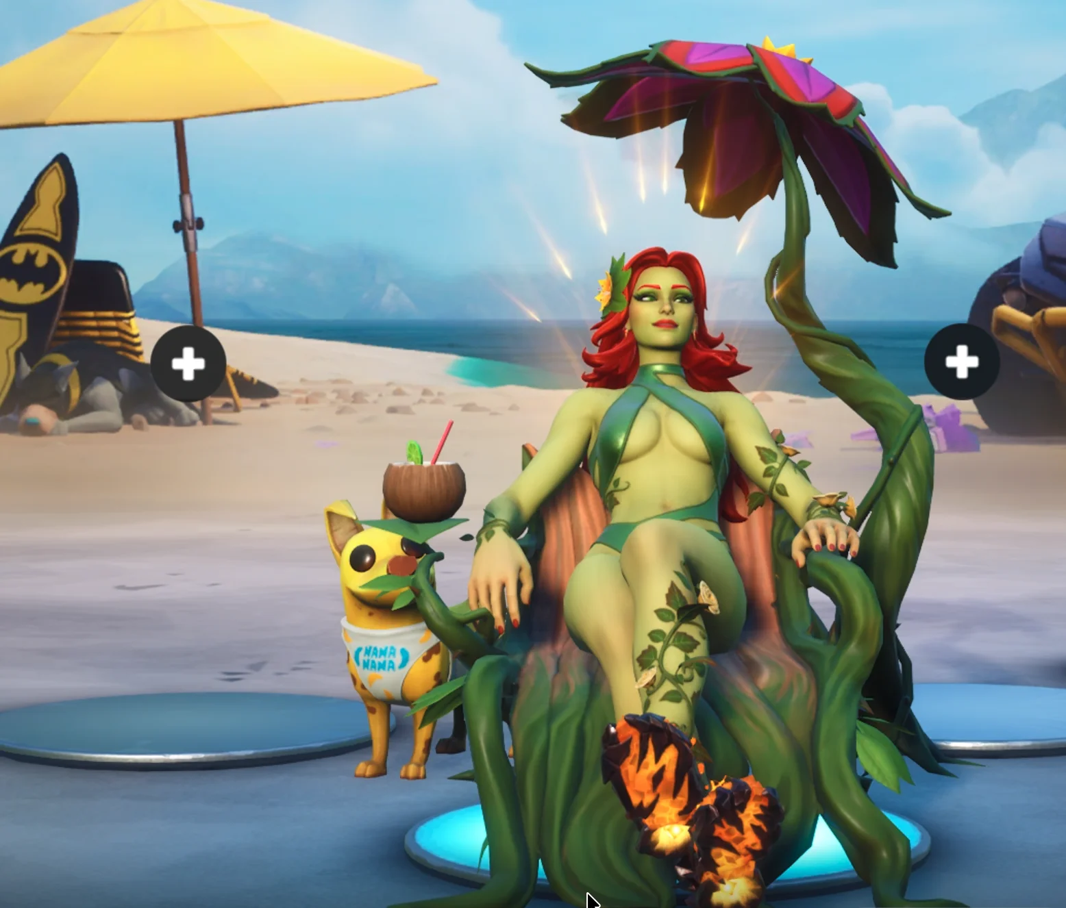 A screenshot from the main menu of Fortnite of my Poison Ivy skin lounging in a chair made of vines with a little yellow dog standing next to me