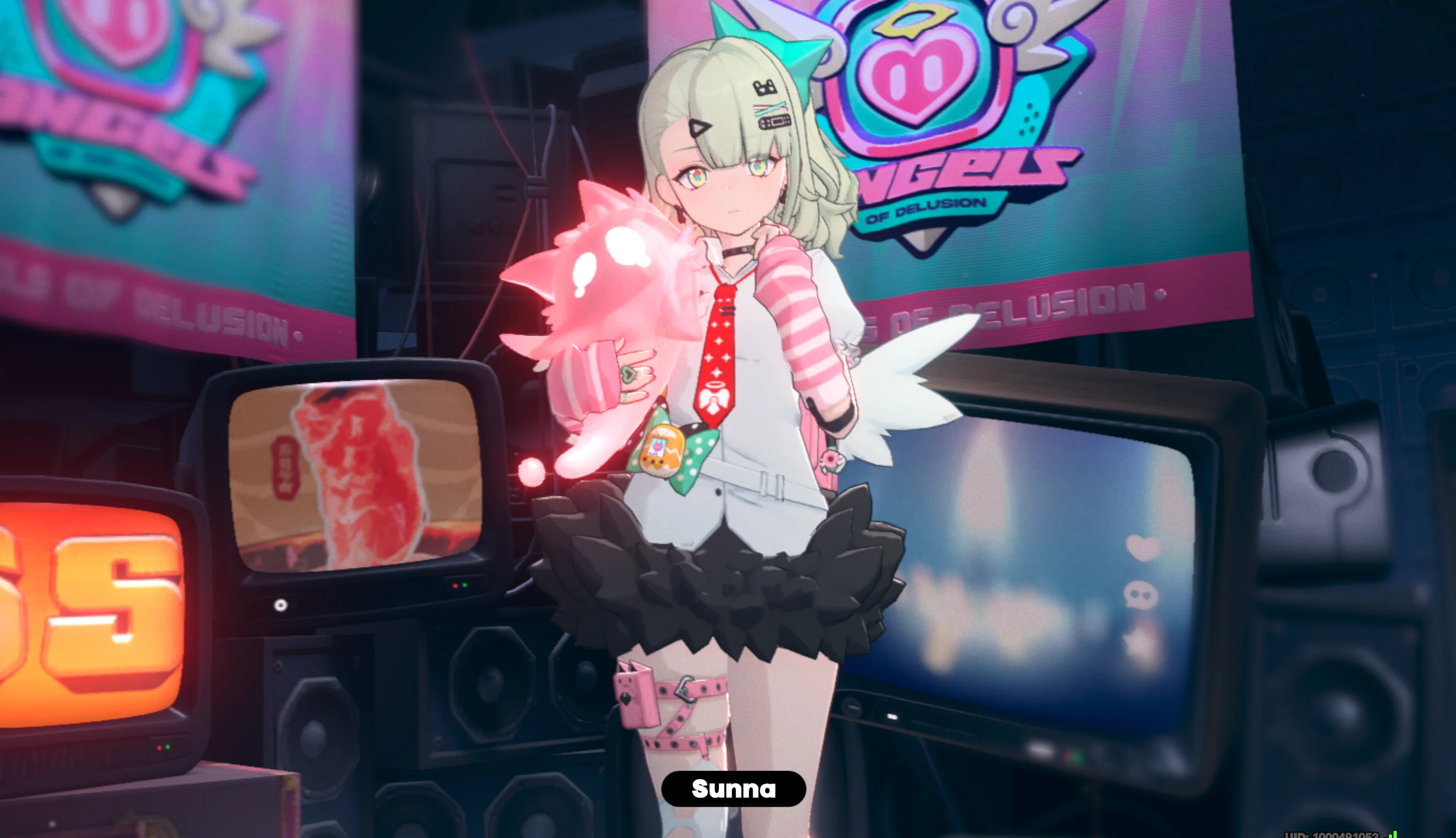 A screenshot from Zenless Zone Zero of the character Sunna with short green hair a white button up shirt and a black ruffled skirt.