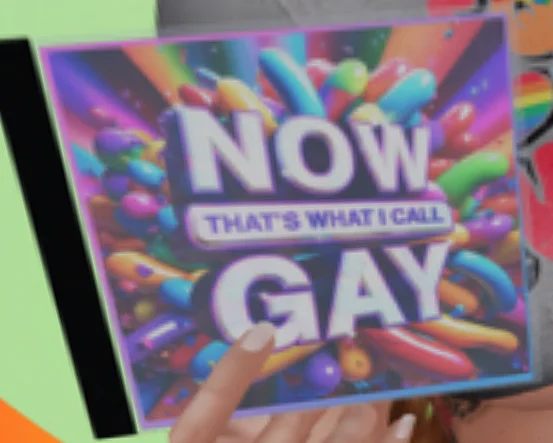 a screenshot from OpenSim of a hand holding a CD case that reads "NOW THAT'S WHAT I CALL GAY" in the style of the old NOW music albums
