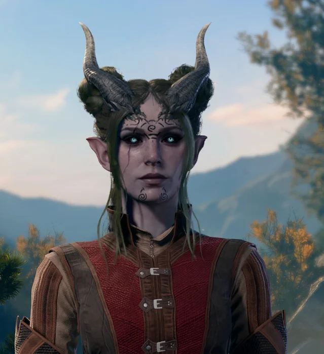 a screenshot of my new tiefling in Baldur's Gate 3, with long upward white and dark horns, pink skin, and black eyes that glow blue