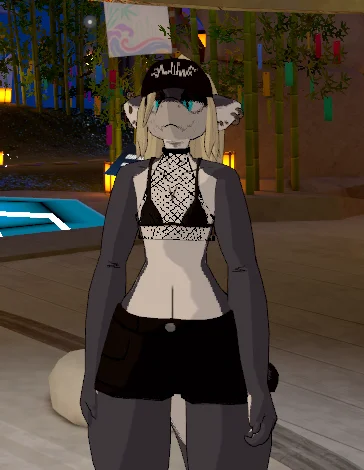a screenshot from VRChat of an anthropomorphic shark wearing a black bikini tap with fishnets, black shorts, and a black hat that says nothing inparticular, but does have an upside-down cross