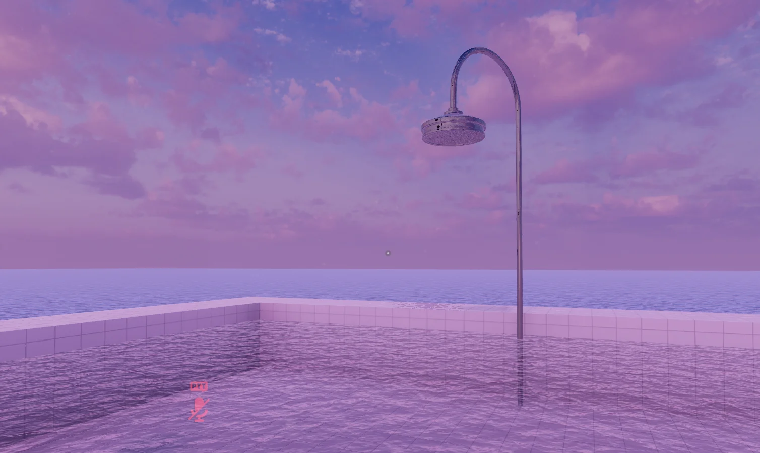 a screenshot from VRChat of a liminal world of a white tiled enclosure with a single shower head, and an endless expanse of ocean under a pink sky