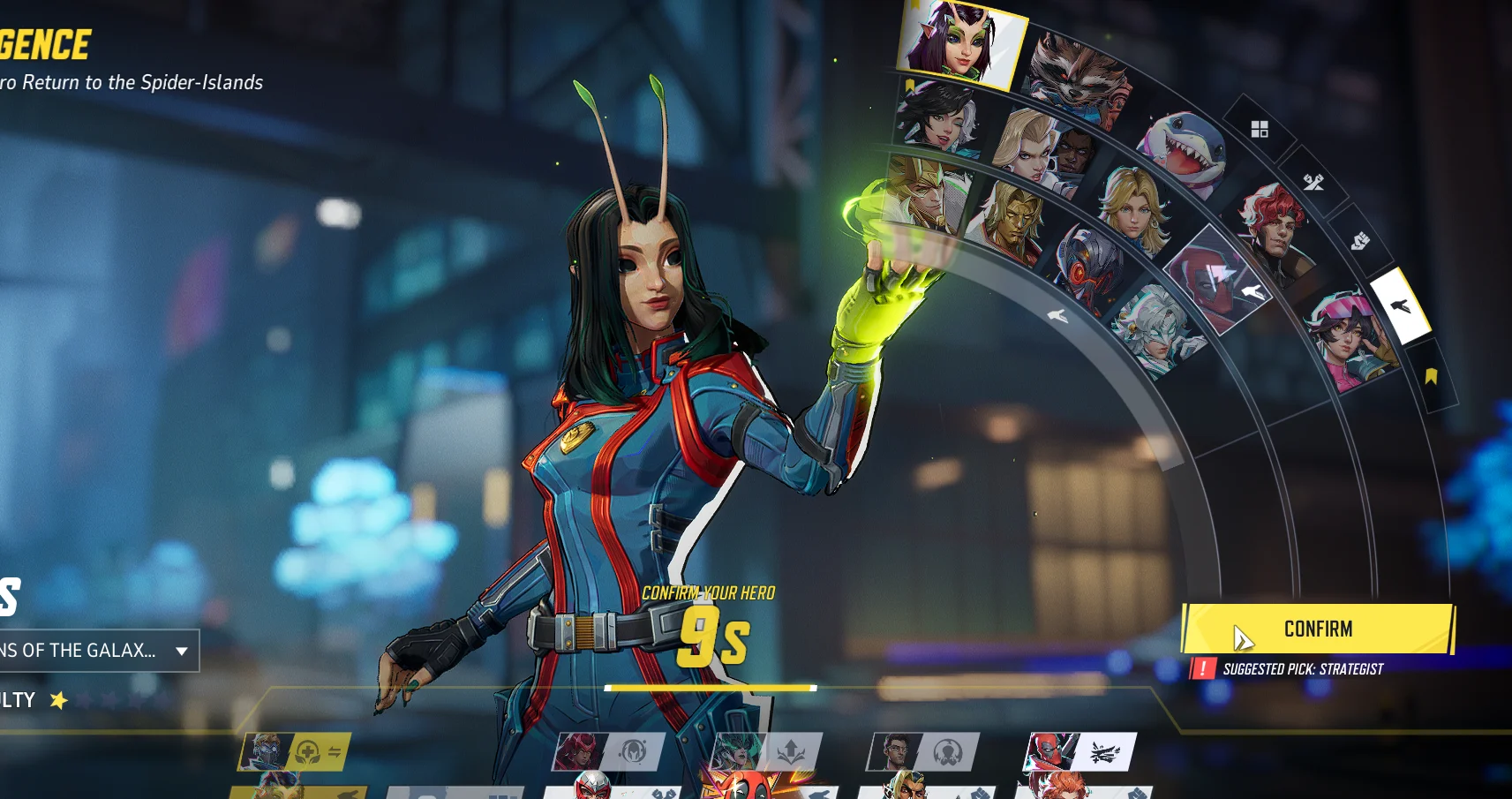 a screenshot from Marvel Rivals of Mantis in a blue and red suit showcasing her healing power with green magic at her hands, and a selection wheel behind her of other heros
