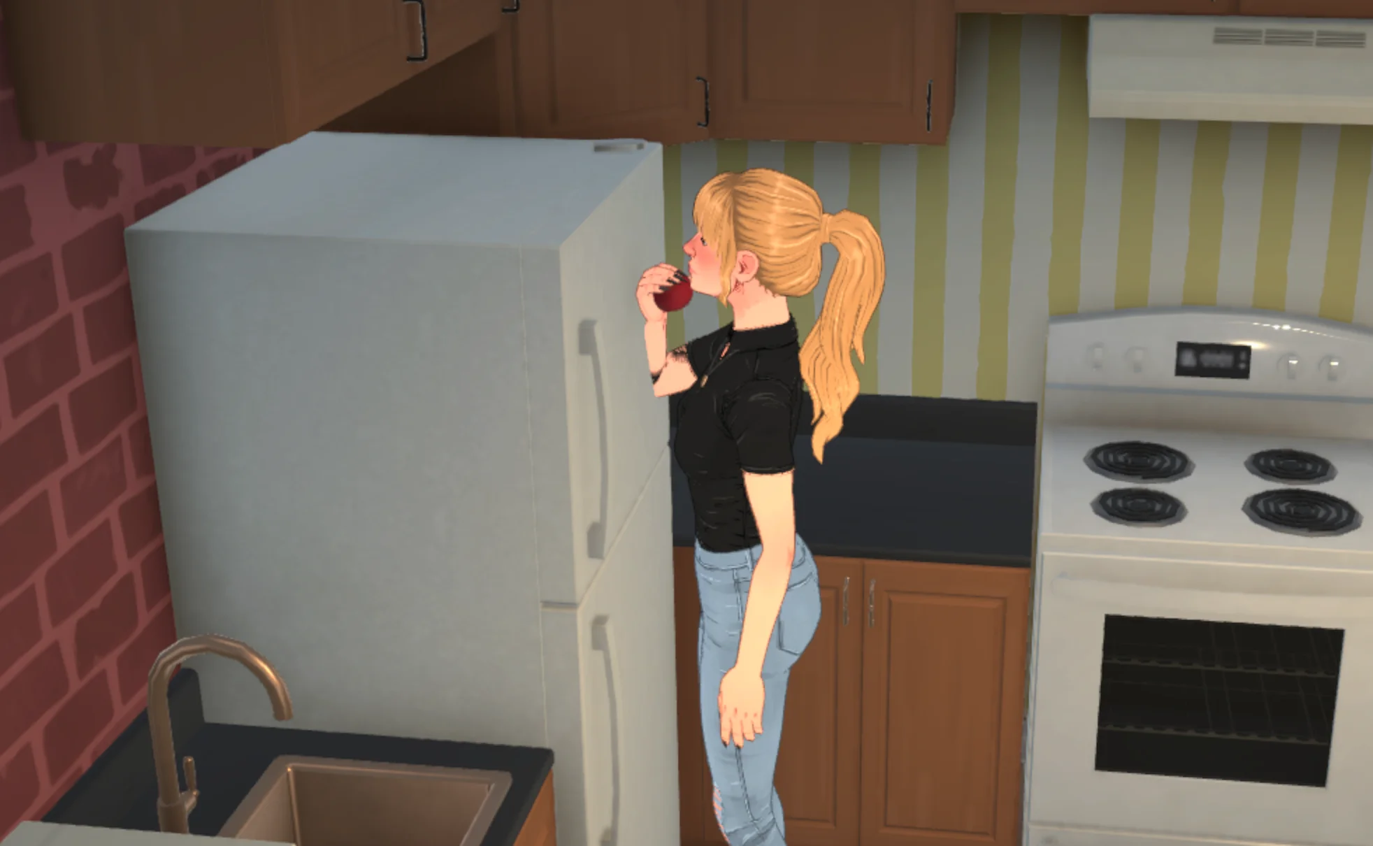 screenshot from Paralives of my para (blond hair tied back, black shirt, jeans) standing in front of her fridge chowing down on an apple