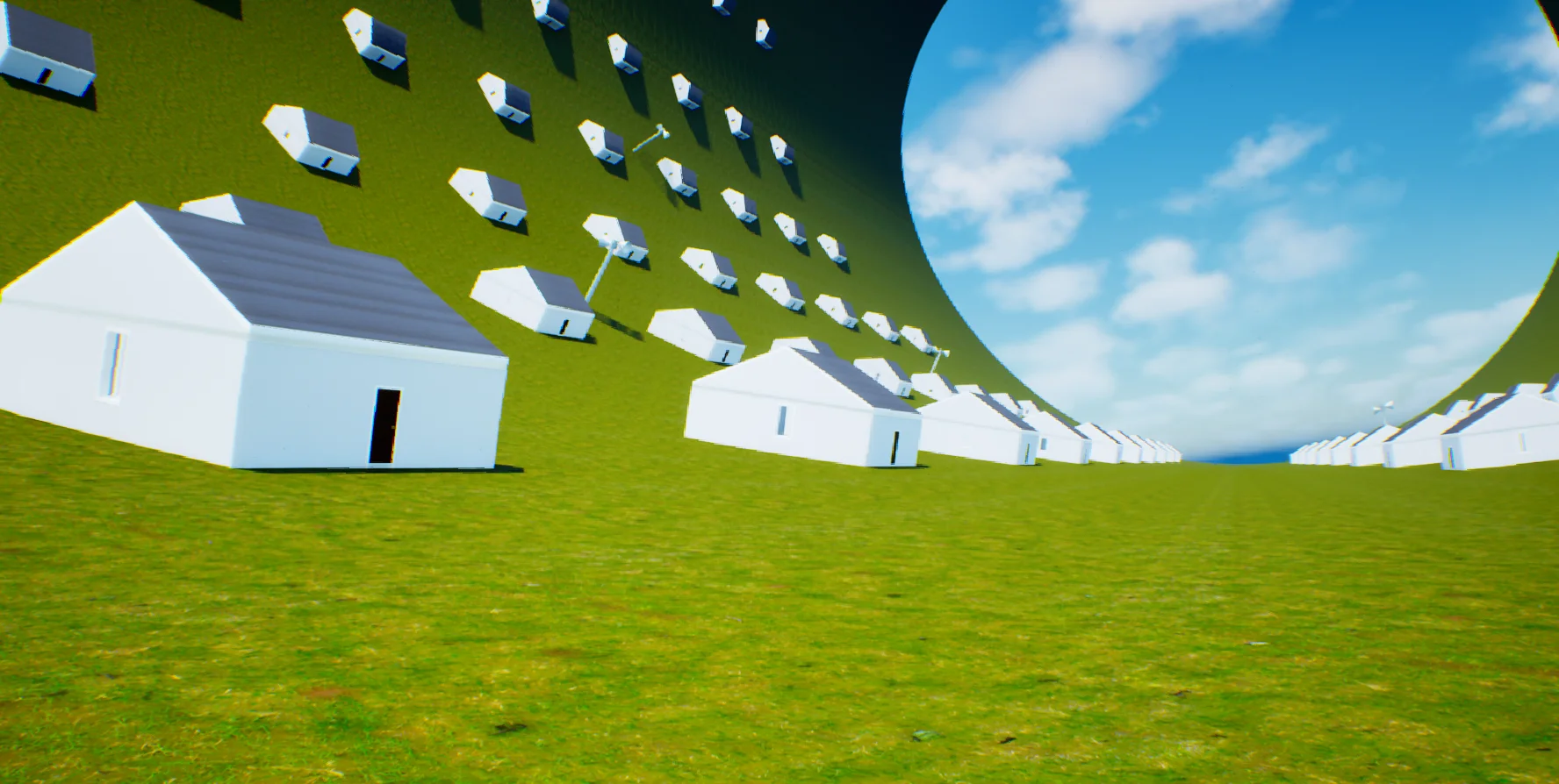 A low-poly 3D scene of a bright green grassy field under a blue sky with soft white clouds. Simple white houses with gray roofs are scattered across the flat ground in the foreground and midground. The terrain curves sharply upward and around like a massive inverted bowl or sphere, with dozens more identical white houses clinging to the steep green surface high above. One house in the left foreground has a dark open doorway.