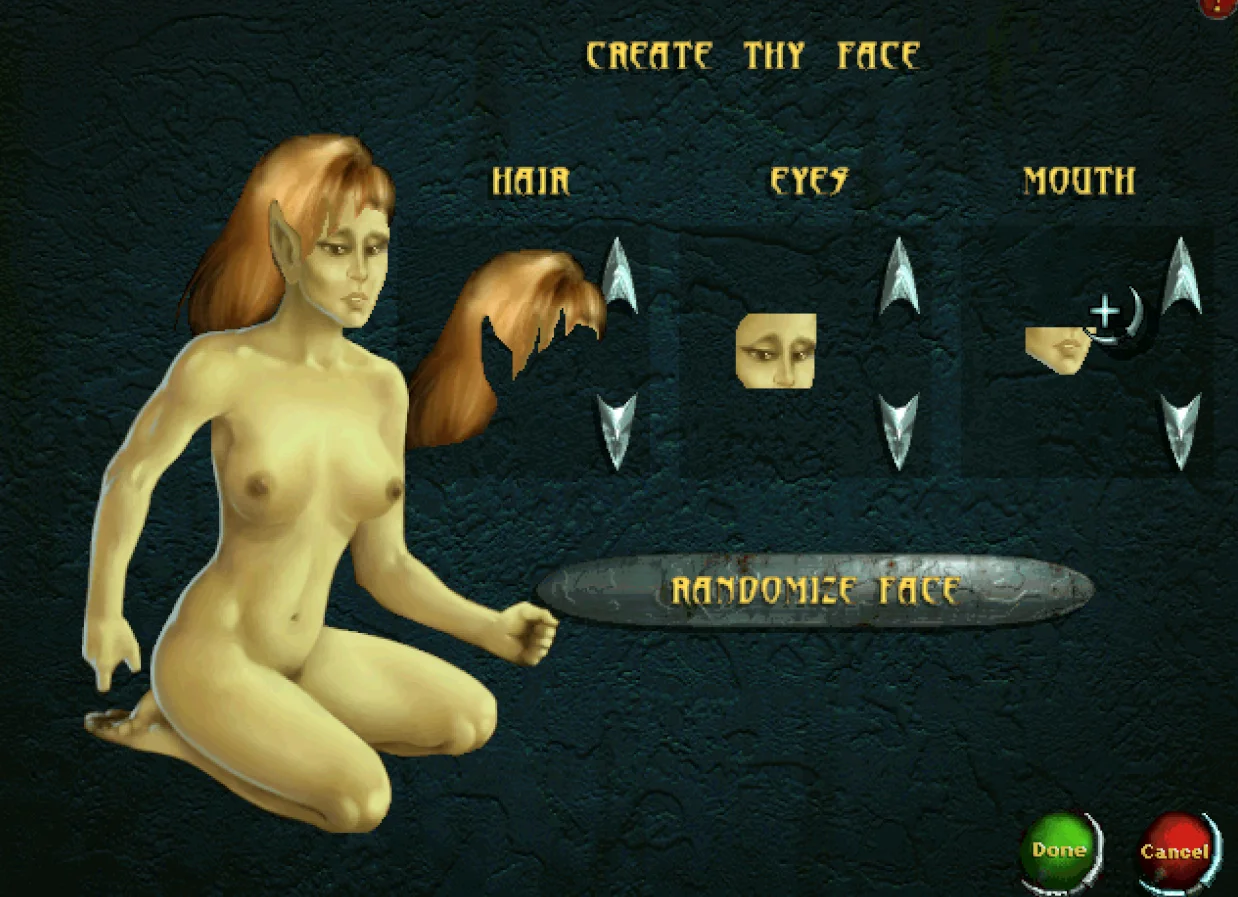 A screenshot from Elder Scrolls Battlespire of a green menu screen in character creation where you can select your hair, eyes, and mouth, with a preview still image of a fully nude woman sitting on her eyes