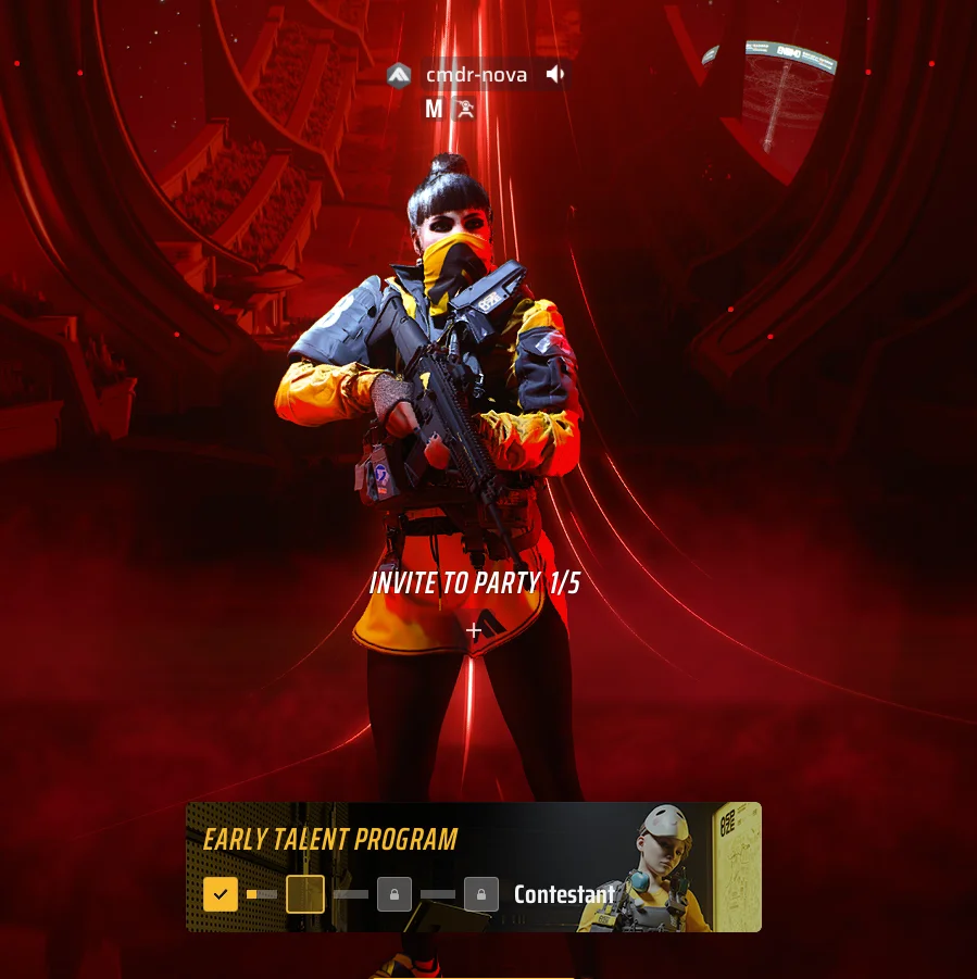 A female operator named cmdr-nova standing center-frame in a red-lit futuristic arena from The Finals. She has black hair in a high bun with straight bangs, a yellow face scarf covering her nose and mouth, a yellow tactical jacket over a black vest and harness, yellow shorts over black tights, and she’s holding a black assault rifle across her chest. Overlay text reads “INVITE TO PARTY 1/5.” A bottom banner says “EARLY TALENT PROGRAM” with a progress track ending at “Contestant” and a small portrait of another capped character.